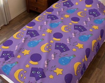Mystic Purple Repeat Pattern Velveteen Plush Blanket | Moon Stars Witch Crystals