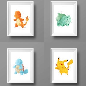 Poke&#39; Pals Set of 4 Digital Watercolor Prints, Wall Art, Home Decor, Nursery Printable Artwork.