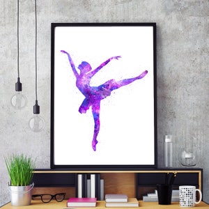 Dancing Ballerina Purple and Blue Watercolor Print Digital Download, Girls Room Decor, Home Decor, Nursery Art.