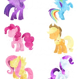 Zes pony&#39;s set 8 x 8 aquarelafdrukken, digitale download, kunst aan de muur, kinderkamerkunst, woondecoratie, afdrukbare kunstwerken.