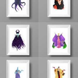Set of 6 Classic Villain&#39;s Digital Watercolor Prints, Nursery Art, Wall Art, Home Decor, Printable Artwork.