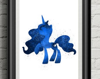 Moon princess pony inspired watercolor print kids decor nursery art, wall art.