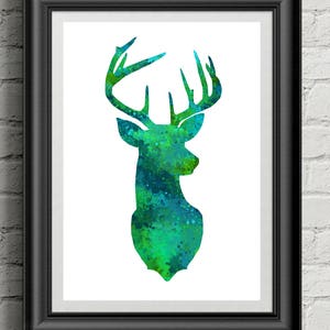 Green Deer Watercolor Printable Digital Download, Wall Art, Home Decor, Nursery Art.