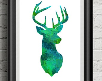Green Deer Watercolor Printable Digital Download, Wall Art, Home Decor, Nursery Art.