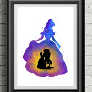 Princess Beauty Watercolor Silhouette Digital Download, Wall Art, Nursery Art, Home Decor, Kids Room Decor, Instant Download.