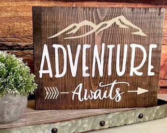 Hiking Wood Sign / Adventure Awaits / Mountain Sign / Rustic Cabin Decor /