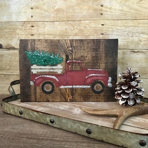 Christmas Sign Decoration | Rustic Red Pickup Truck with Snowy Christmas Tree | Wooden Block Freestanding Sign |