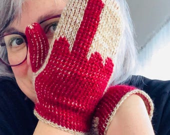 Manoplas F-U, dedo medio, traviesas, patrón de crochet tunecino (tabla de colores incluida, en inglés y francés)