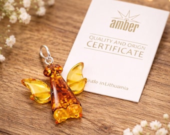 Genuine Baltic Amber Angel Pendant – Handmade Amber Charm with Certificate, Natural Amber Jewelry, Gift from Lithuania