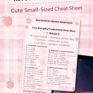 May include: A printable MacBook keyboard shortcuts cheat sheet with a pink and white gingham background. The sheet lists essential shortcuts, window controls, and browser shortcuts. The text reads "Perfect small size to print and keep on your MacBook!"