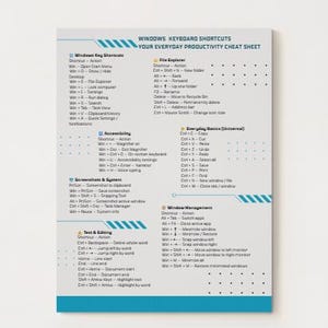 May include: A white cheat sheet with blue accents lists Windows keyboard shortcuts. The sheet is divided into sections for Windows Key Shortcuts, File Explorer, Accessibility, Screenshots & System, Text & Editing, Everyday Basics, and Window Management.