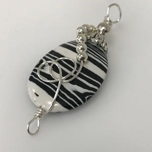 Oval BlackWhite Jasper Striped Stone Sterling Silver Wrapped Pendant