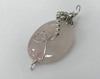 Large Oval Pink Quartz Stone Sterling Silver Wrapped Pendant