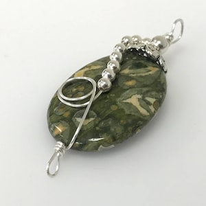 Large Oval Olive Rhyolite Stone Sterling Silver Wrapped Pendant