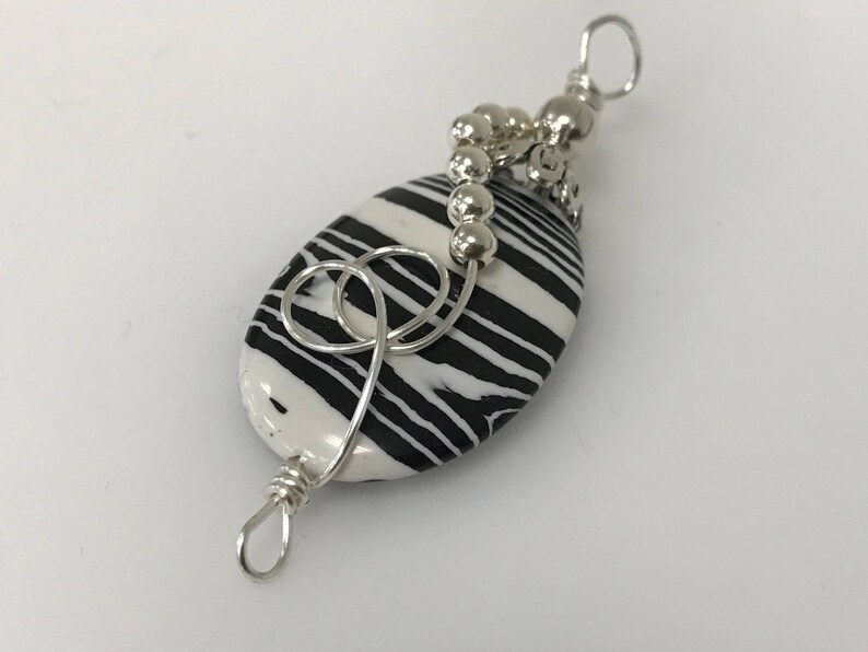 Oval BlackWhite Jasper Striped Stone Sterling Silver Wrapped Pendant
