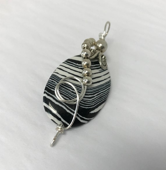 Oval BlackWhite Jasper Striped Stone Sterling Silver Wrapped Pendant