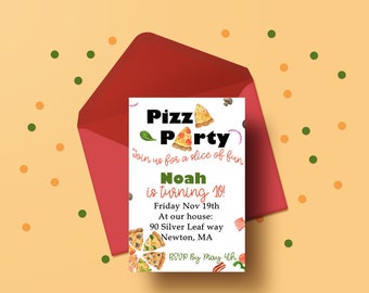 Pizza Party Birthday Digital or Printed Invitation With Envelope FREE SHIPPING