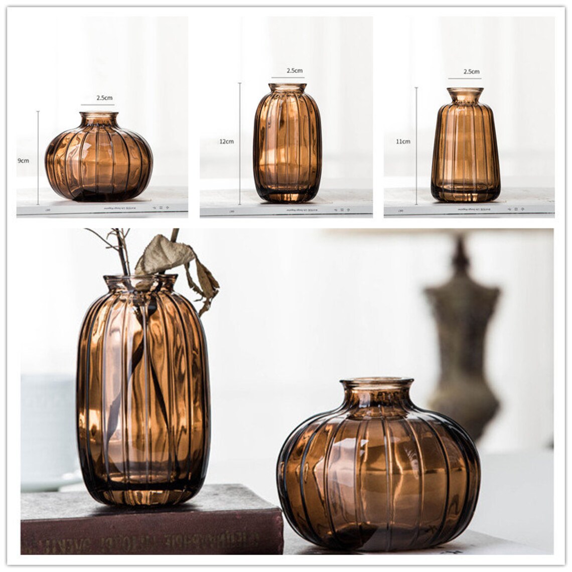 Set of 3 Mini Glass Vases Striped Blue Grey Pink Brown Flowers Etsy