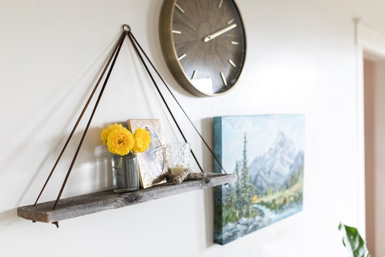 Reclaimed Wood Shelf With Ring and Leather Straps Etsy