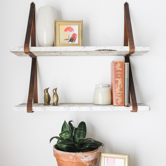 White Reclaimed Wood Leather Strap Shelf Image 0