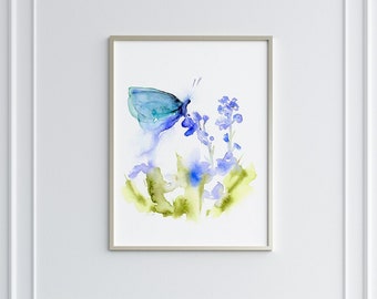 Butterfly Print,  Butterfly Watercolor Painting, Butterfly Art, New Home Gift, Large Wall Art, Living Room Art, Blue Abstract Art Print