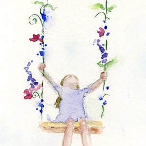Pode incluir: Pintura em aquarela de uma menina em um balan&ccedil;o com flores roxas de cada lado.