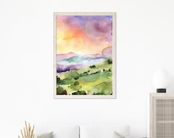 Landscape Watercolor Print, Sunrise Wall Art, Abstract Nature Art, Large Landscape Wall Art, Sunrise Painting, Living Room Art, Pink Sky