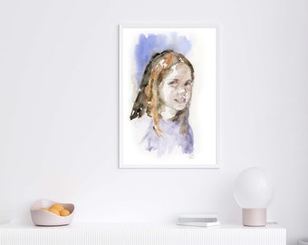 Girl Portrait Painting, Watercolor Portrait Wall Art, Watercolor Painting of Girl, Living Room Art Print, Portrait Print, Large Portrait