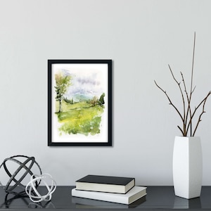 Watercolor Tree Painting, Green Watercolor Landscape, Abstract Landscape Wall Art, Fine Art, Nature Wall Art, 5x7 Print, Meadow Painting image 1