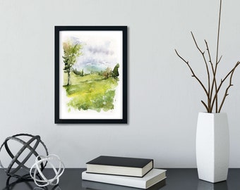 Watercolor Tree Painting, Green Watercolor Landscape, Abstract Landscape Wall Art, Fine Art, Nature Wall Art, 5x7 Print, Meadow Painting