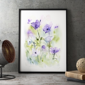 Purple Flower Painting,  Nature Watercolor Print, Large Botanical Art, Abstract Anemone flower Painting, Living Room Art, Flower Lover Gift