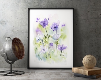 Dipinto di fiori viola, stampa ad acquerello naturalistica, grande arte botanica, dipinto astratto di fiori di anemone, arte per il soggiorno, regalo per gli amanti dei fiori