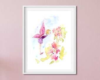 Nursery Watercolor Art, Fairy Wall Art, Fairy Nursery Art, Nursery Wall Art, Baby Room Art, Girls Room Decor, Pink Fairy, Colorful Kids Art