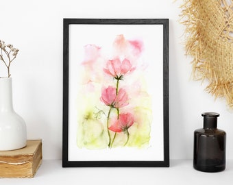 Watercolor Flower Art, Pink Poppies Wall Art, Watercolor Floral Print, Abstract Flower Paintings, Nature Art Print, Botanical pink Wall Art