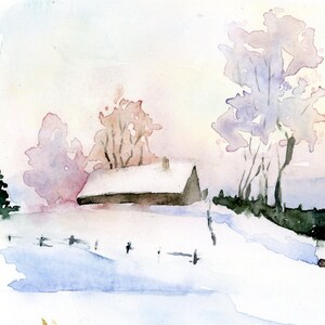 May include: Watercolor painting of a snowy landscape with a small house, trees, and a fence. The sky is a soft pink and blue, and the snow is white.