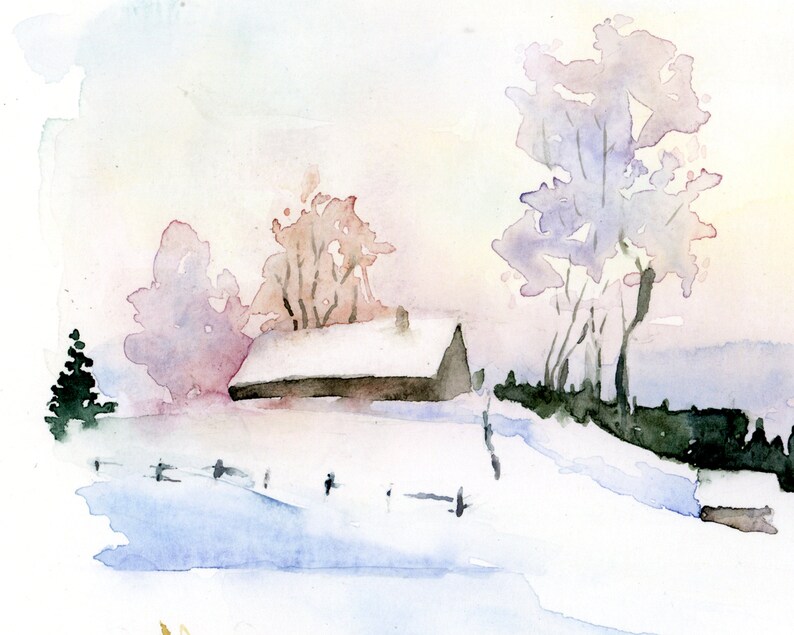 May include: Watercolor painting of a snowy landscape with a small house, trees, and a fence. The sky is a soft pink and blue, and the snow is white.