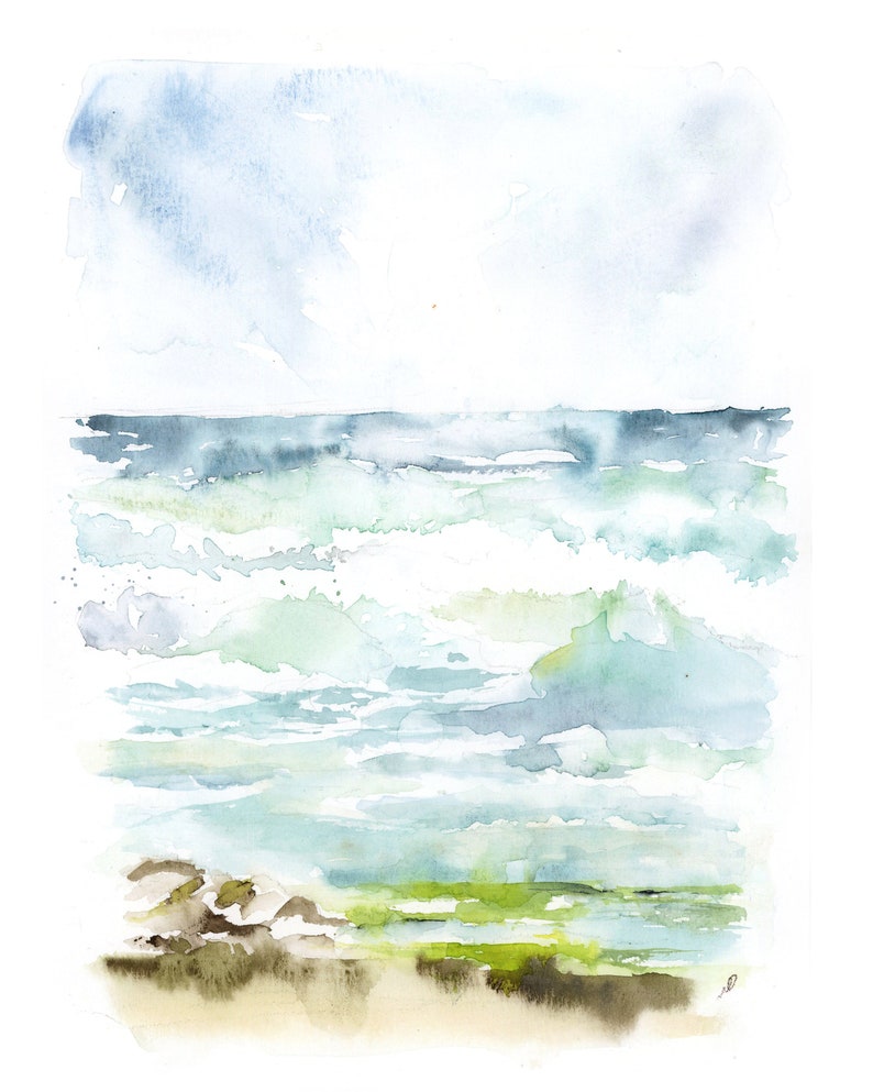 Large Vertical Wall Art, Abstract sea Wall Art, Abstract seascape Print, Watercolor Landscape Print, Living Room Art, Ocean Watercolor image 3