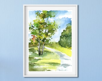 Green Landscape Art Print, Garden Art, Trees Painting Print, Abstract Watercolor Wall Art, Nature Wall Art, Fine Art