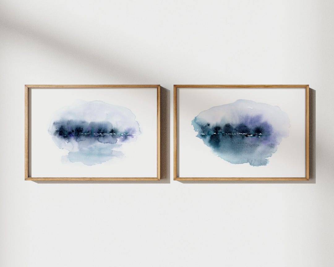 湖の風景に映る水彩画のアートプリント2枚セット、小さな青い抽象画