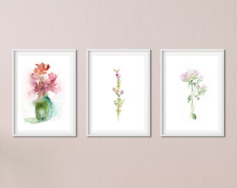 Botanical Wall Art Set, Watercolor Print Set, Flower Print Set of 3, Wall Gallery Set, Plants Art Prints, Fine Artwork, Watercolor Florals