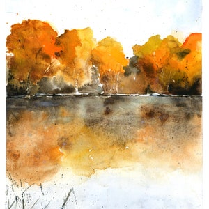 Autumn Landscape Wall Art, Living Room Painting, Large Watercolor Wall Art, Nature Painting, foliage Wall Art, Warm Color Art, Fine Artwork image 2