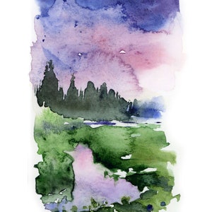 Pode incluir: Pintura em aquarela de uma paisagem com uma silhueta de floresta, um lago e um c&eacute;u colorido. O c&eacute;u transita do azul profundo para o rosa e o roxo. O primeiro plano apresenta tons verdes e roxos.