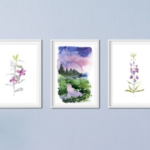 Stampe di paesaggi ad acquerello, stampe viola, set di stampe naturalistiche, set di 3 stampe ad acquerello, set da parete per gallerie, arte murale viola, dipinti di fiori