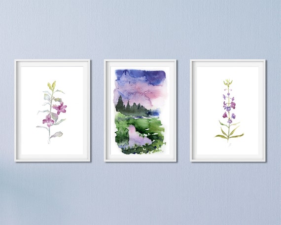 Watercolor Landscape Prints, Purple Prints, Nature Print Set, Watercolor Print Set of 3, Gallery Wall Set, purplr Wall Art, flower Paintings