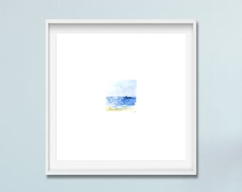 Miniature watercolor painting, watercolor small Art, Watercolor mini seascape print, Sunshine beach and sailboat art, small fine Art Giclee,