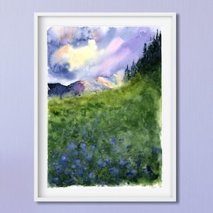 Sunset with blue flowers painting, watercolor Sunset Wall Art, Watercolor Landscape, Sunset Print, Purple Landscape Art, Fine Art Giclee, image 1