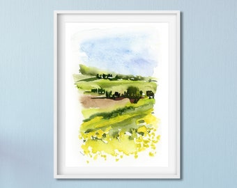Small Landscape Painting, Green Landscape Wall Art, Abstract landscape, Abstract Watercolor Art Print, Fine Art Painting Print, Field Art