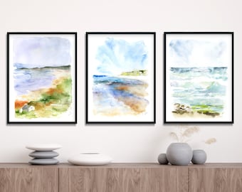 Große Landschaftsmalerei Drucke, Ozean Art Set, 3er Set Aquarell Druck, Galeriewand Set, Blaue Wand Kunst Set, Naturdruck 3er Set