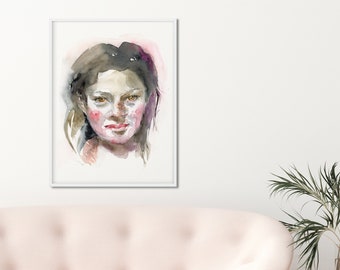 Abstract Woman Portrait, Figurative Art, Watercolor Portrait Print, New Home Gift, Pink Art, Large Portrait Wall Art, Living Room Art