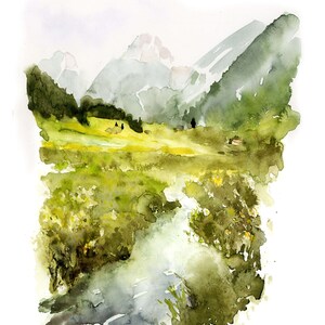 Pu&ograve; includere: Dipinto ad acquerello di un paesaggio montano con un ruscello che scorre attraverso un prato verde. Le montagne sono sullo sfondo e sono dipinte in tonalit&agrave; di blu e verde. Il prato &egrave; in primo piano ed &egrave; dipinto in tonalit&agrave; di verde e giallo. Il ruscello &egrave; dipinto in tonalit&agrave; di blu e grigio.